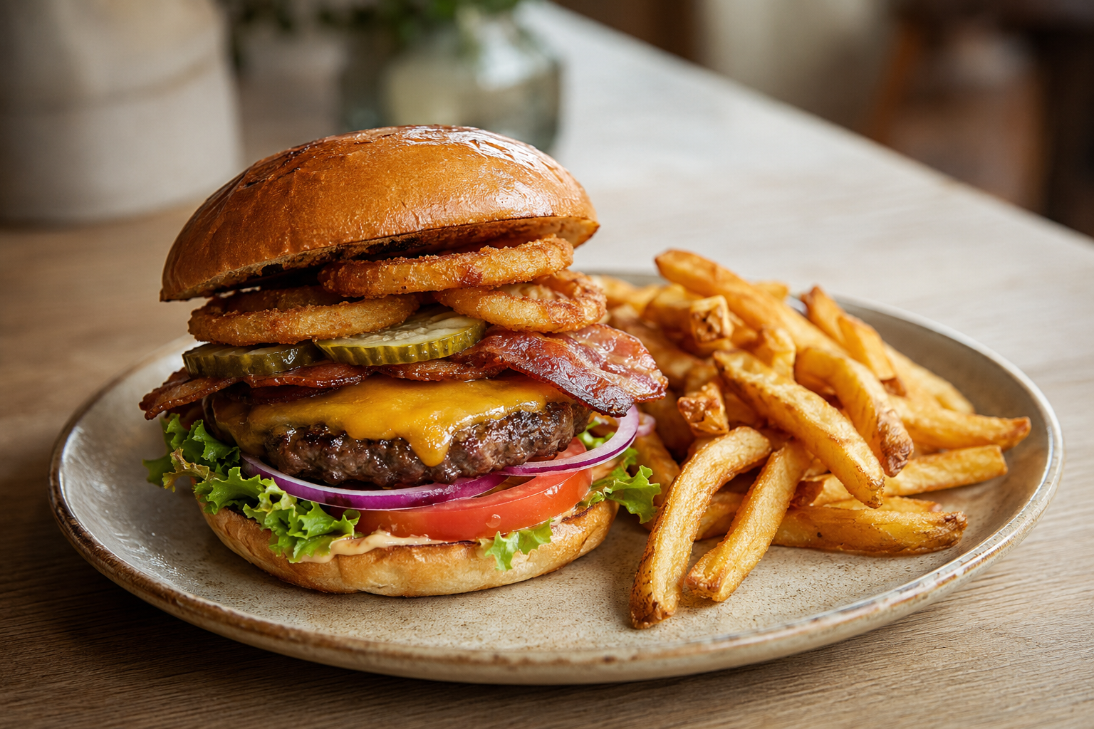 Caféburger med cheddar, bacon, løgringe og sprøde pommes frites