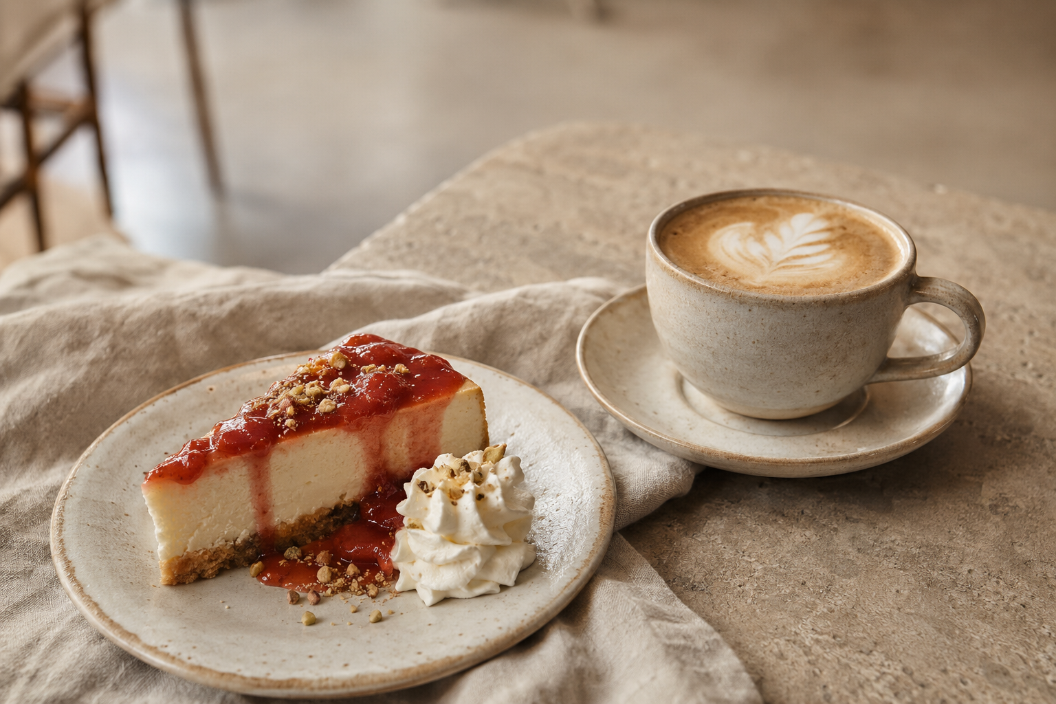 Cappuccino og cheesecake med jordbærsauce
